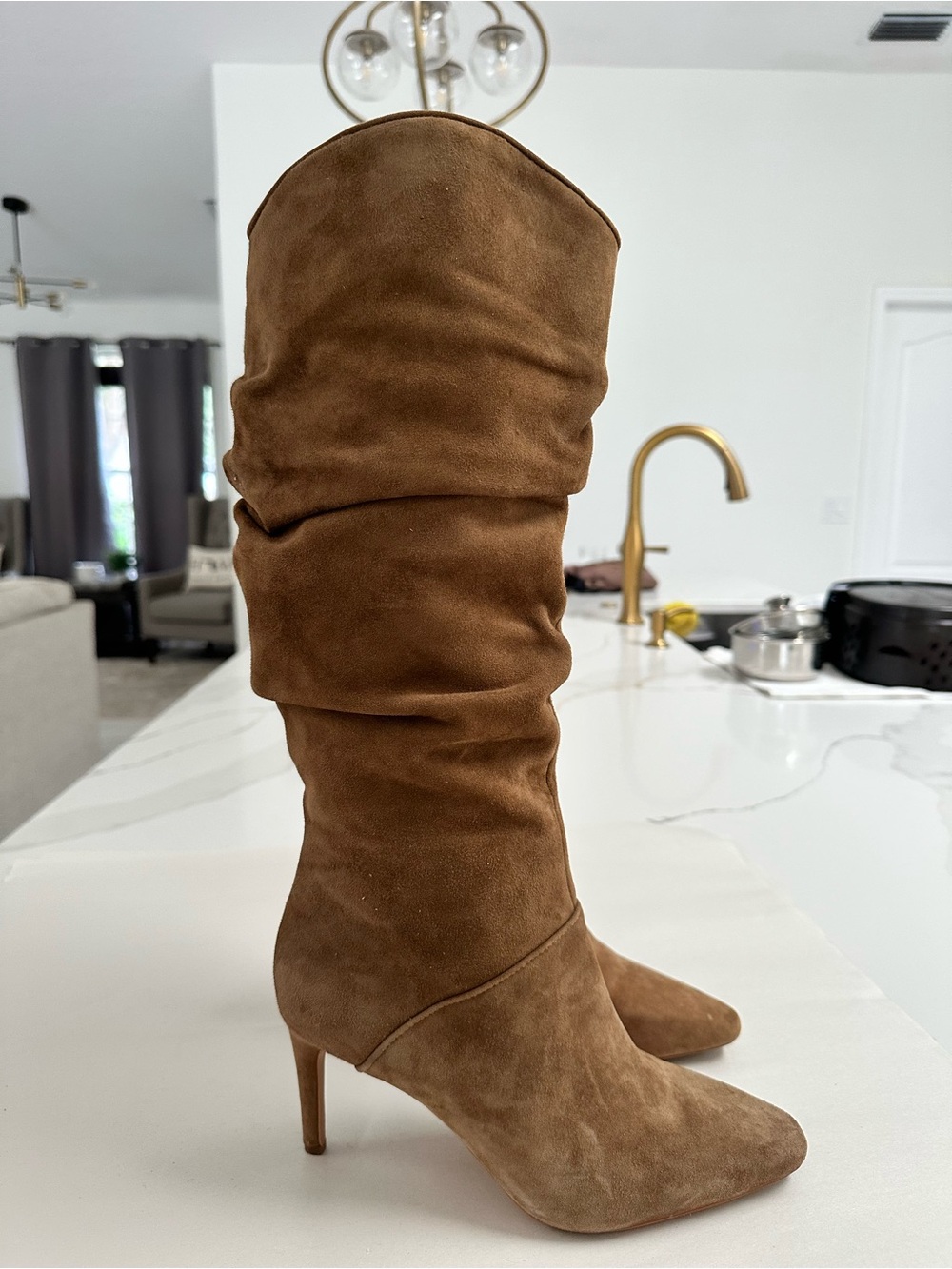 Vince Camuto Tan Suede Armada Slouchy Pointed Toe Heeled Boot Sz 8 - Picture 2 of 10